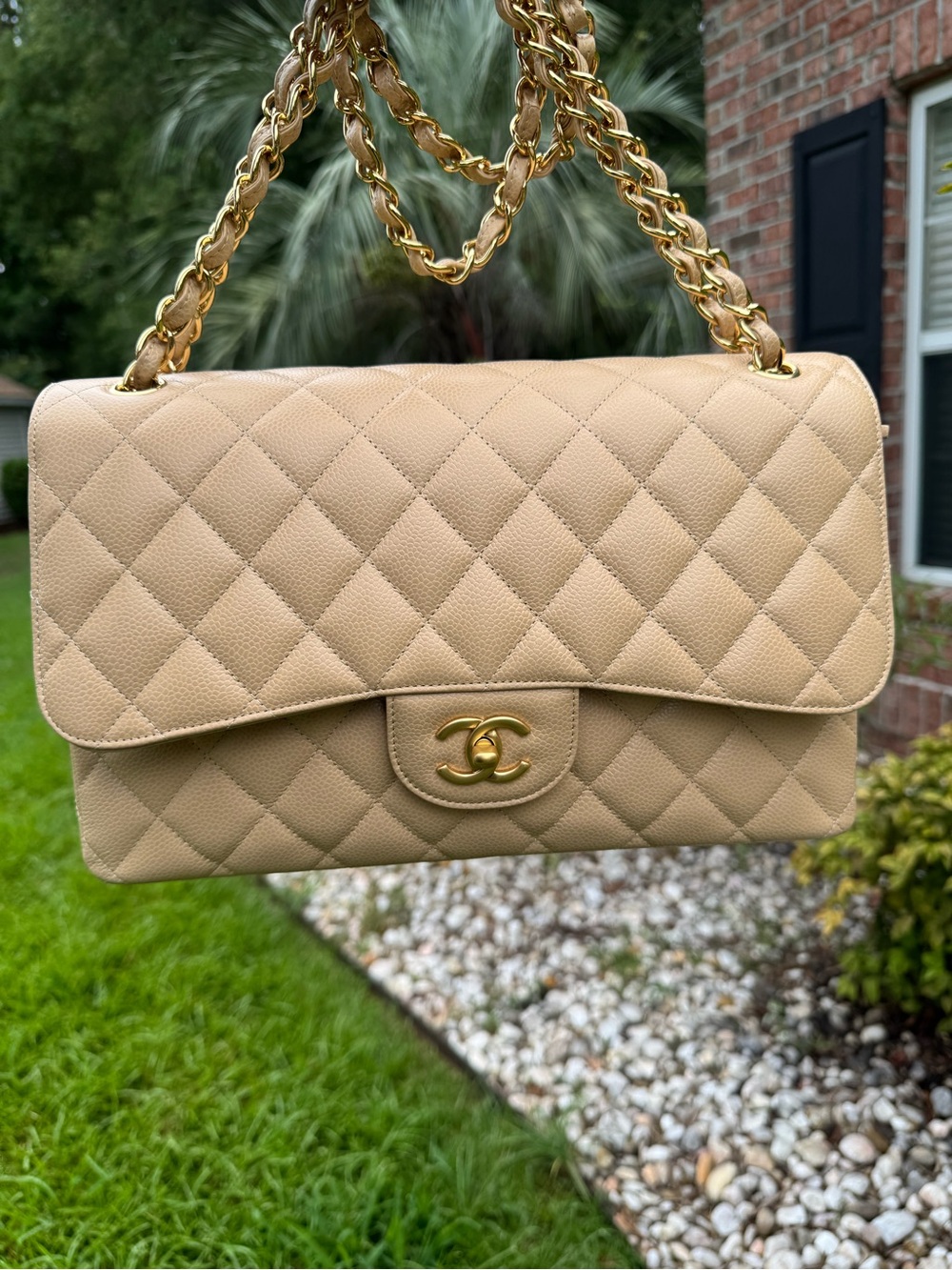 CHANEL JUMBO Beige Quilted Flap Shoulder Bag with Gold Chain - Picture 9 of 10